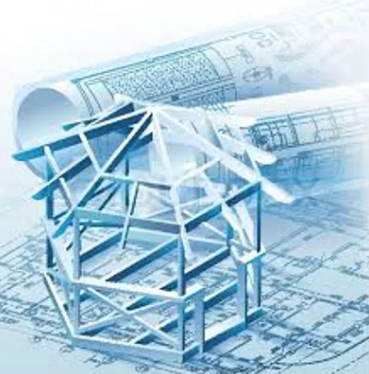 Wicked Maple Design - Blueprints of a house and a 3D model of a house frame.