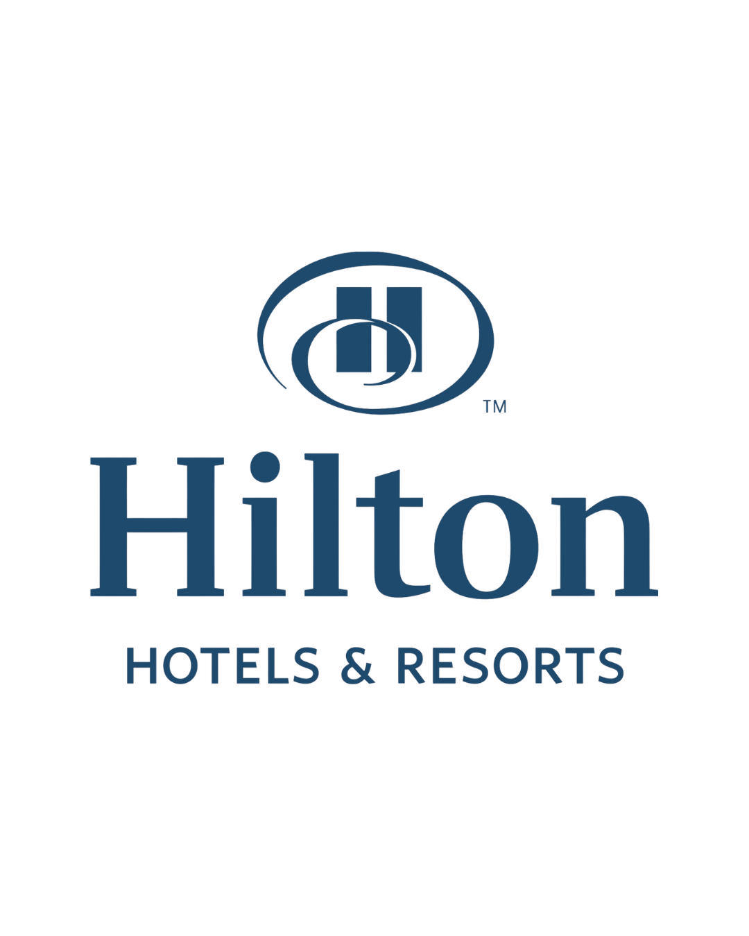 Hilton Hotels & Resorts logo with blue text and emblem on black background.