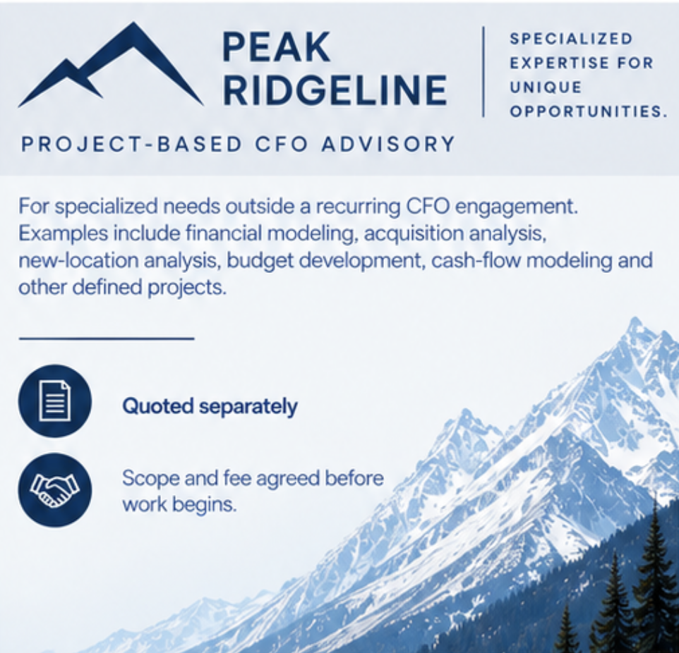 Information flyer for Peak Ridgeline, a project-based CFO advisory firm specializing in unique opportunities, with a mountain landscape graphic and icons for documents and handshake.
