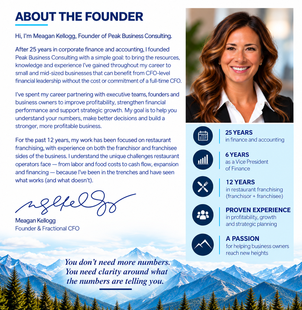 A professional biography of Meagan Kellogg, founder of Peak Business Consulting, featuring a portrait of her, a list of her experience in finance, franchise, and strategic planning, and mountains at the bottom with a motivational quote.