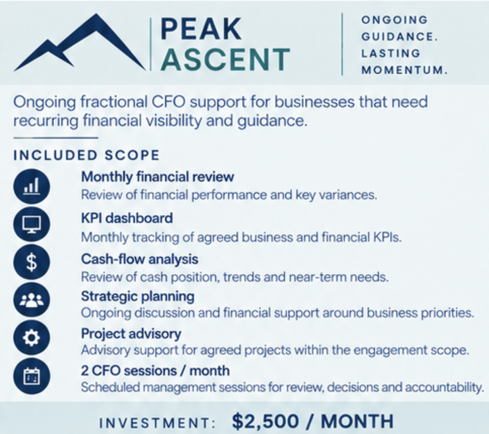Information about Peak Ascent offering ongoing fractional CFO support for businesses, including monthly financial review, KPI dashboard, cash-flow analysis, strategic planning, project advisory, and two CFO sessions per month, with a cost of $2,500 per month.