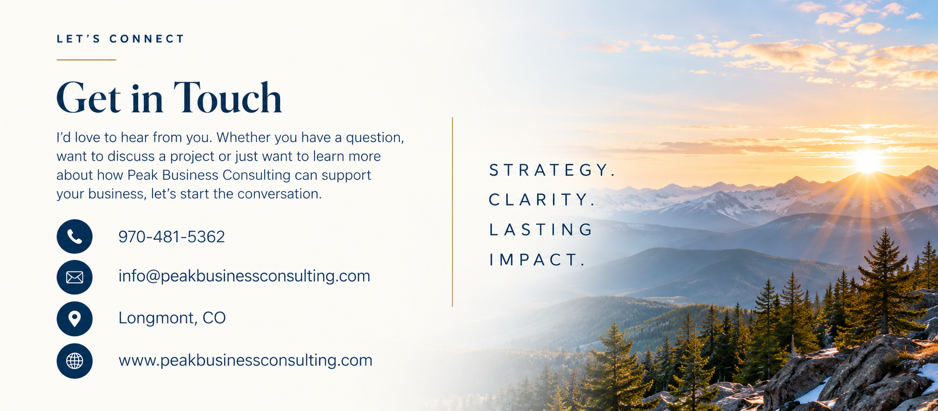 Contact information section of Peak Business Consulting website with a mountain landscape background, including phone number, email, location, and website URL.