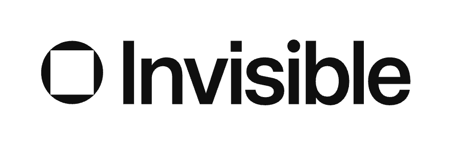 The image shows a logo with a black square, a black check box, followed by the word 'Invisible' in black text.