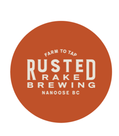 Rusted Rake Brewing logo with the text 'Farm to Tap, Rusted Rake Brewing, Nanoose BC' on an orange circular background.