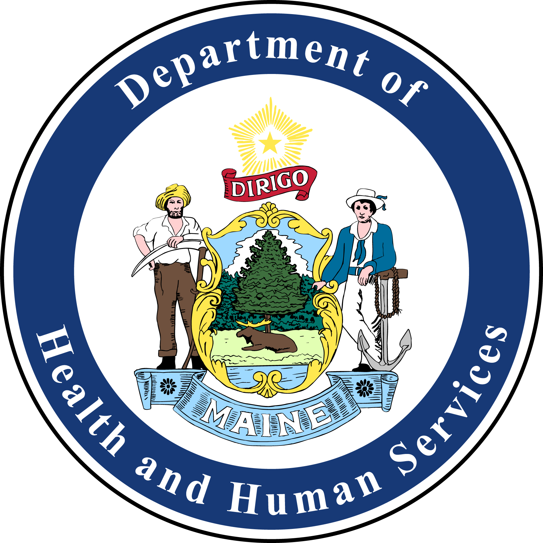 Seal of the Maine Department of Inland Fisheries and Wildlife, featuring a rural scene with a man and a woman dressed in early American clothing, standing on either side of a shield with a crown, trees, and a bear, with a banner reading 'DIRIGO' and a star at the top.
