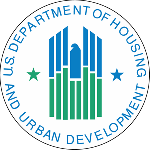 U.S. Department of Housing and Urban Development logo with a blue and green building icon surrounded by a blue circular text.
