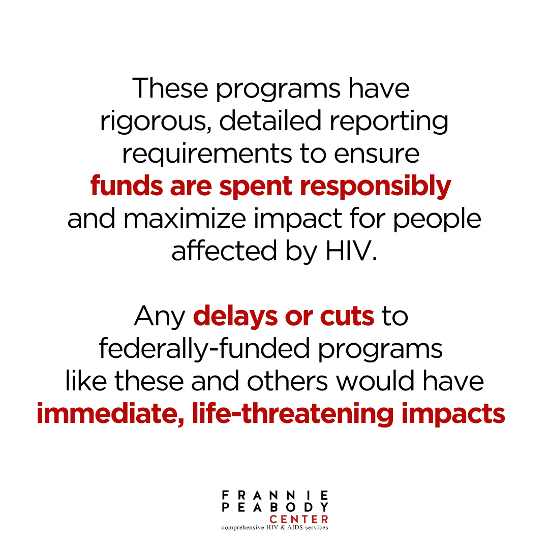 Text emphasizing responsible spending of HIV/AIDS program funds, warning against delays and cuts that cause life-threatening impacts, with Fran Peck Body Center logo at the bottom.