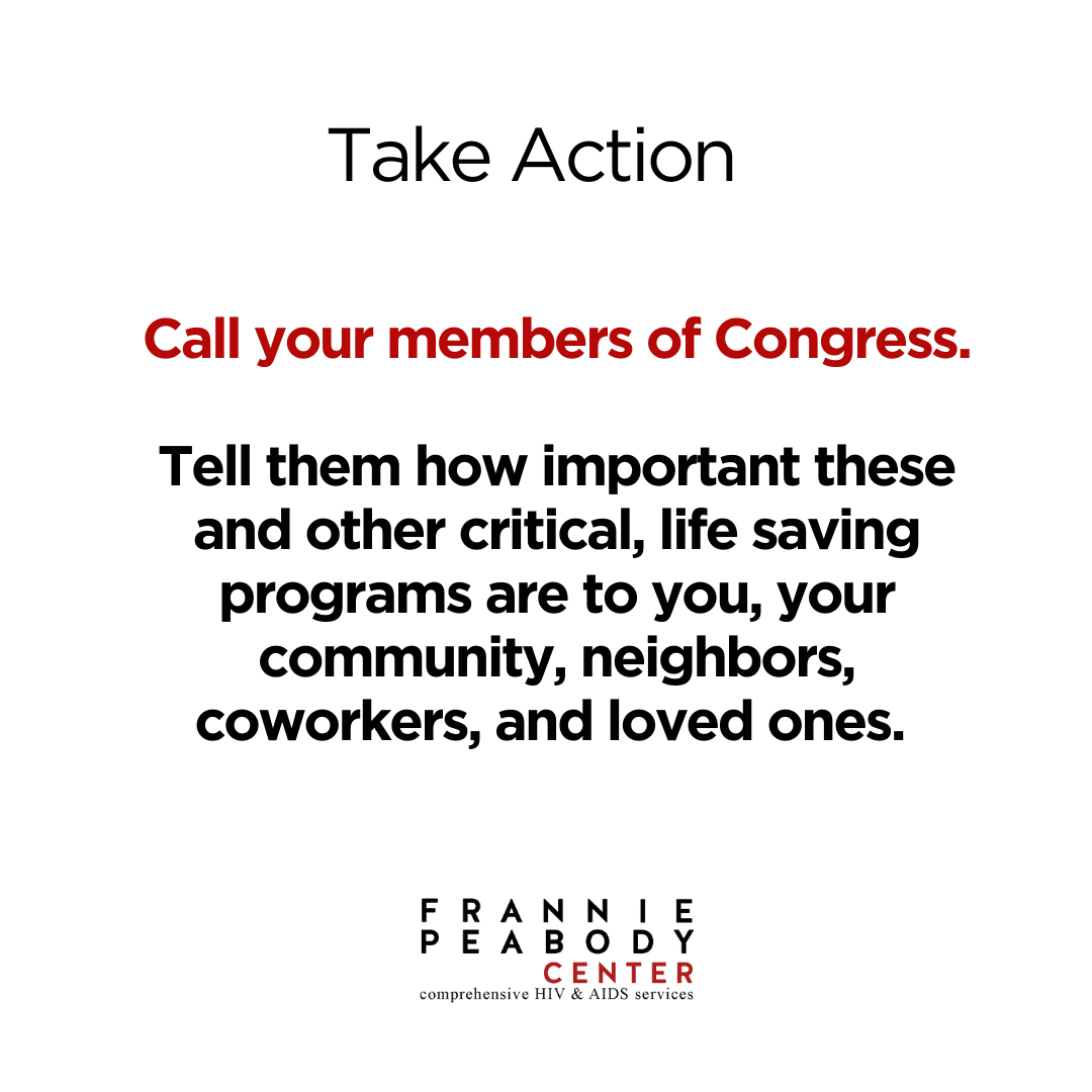 A motivational poster with the title 'Take Action' and a message encouraging calling members of Congress to support life-saving programs, displaying the logo for the Frannie Peabody Center at the bottom.
