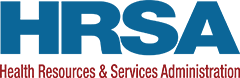Logo of HRSA, the Health Resources & Services Administration, featuring the acronym in large blue letters and the full name in smaller red letters below.