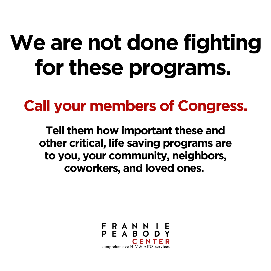 A poster with motivational message about advocating for critical programs, urging viewers to call their Congress members, with the logo of the Fannie Peabody Center at the bottom.