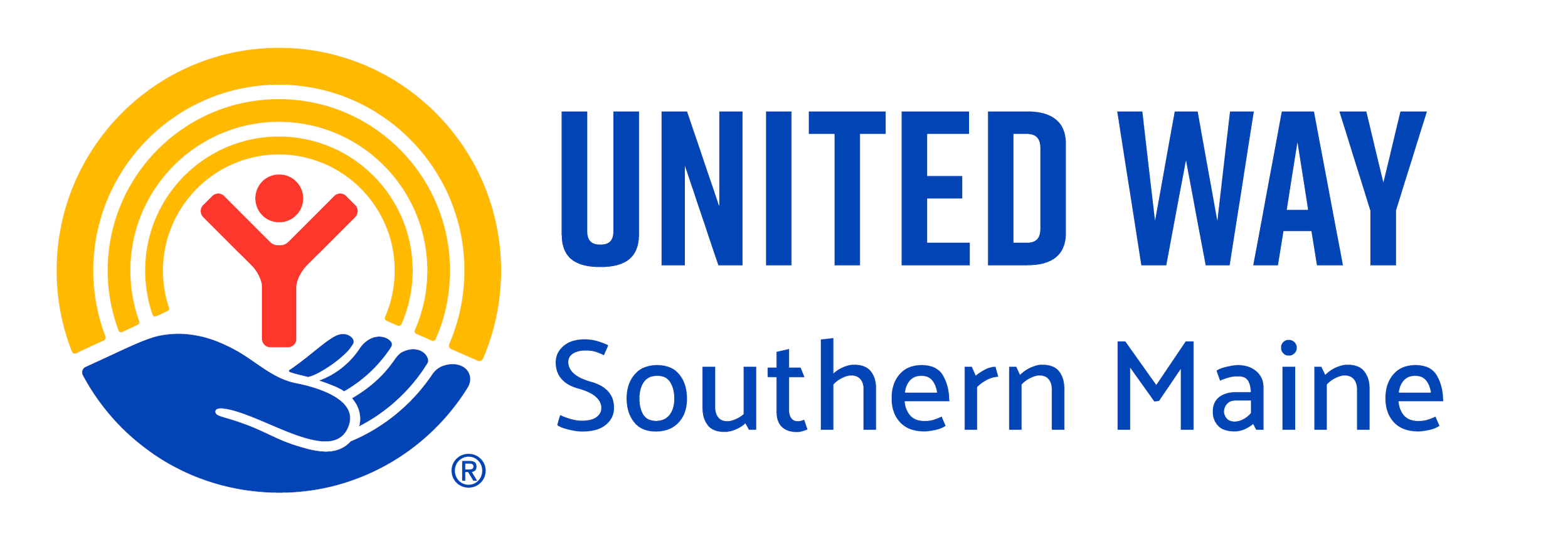 United Way of Southern Maine logo with a stylized person in red, standing inside a hand, with yellow rainbow-like lines above.