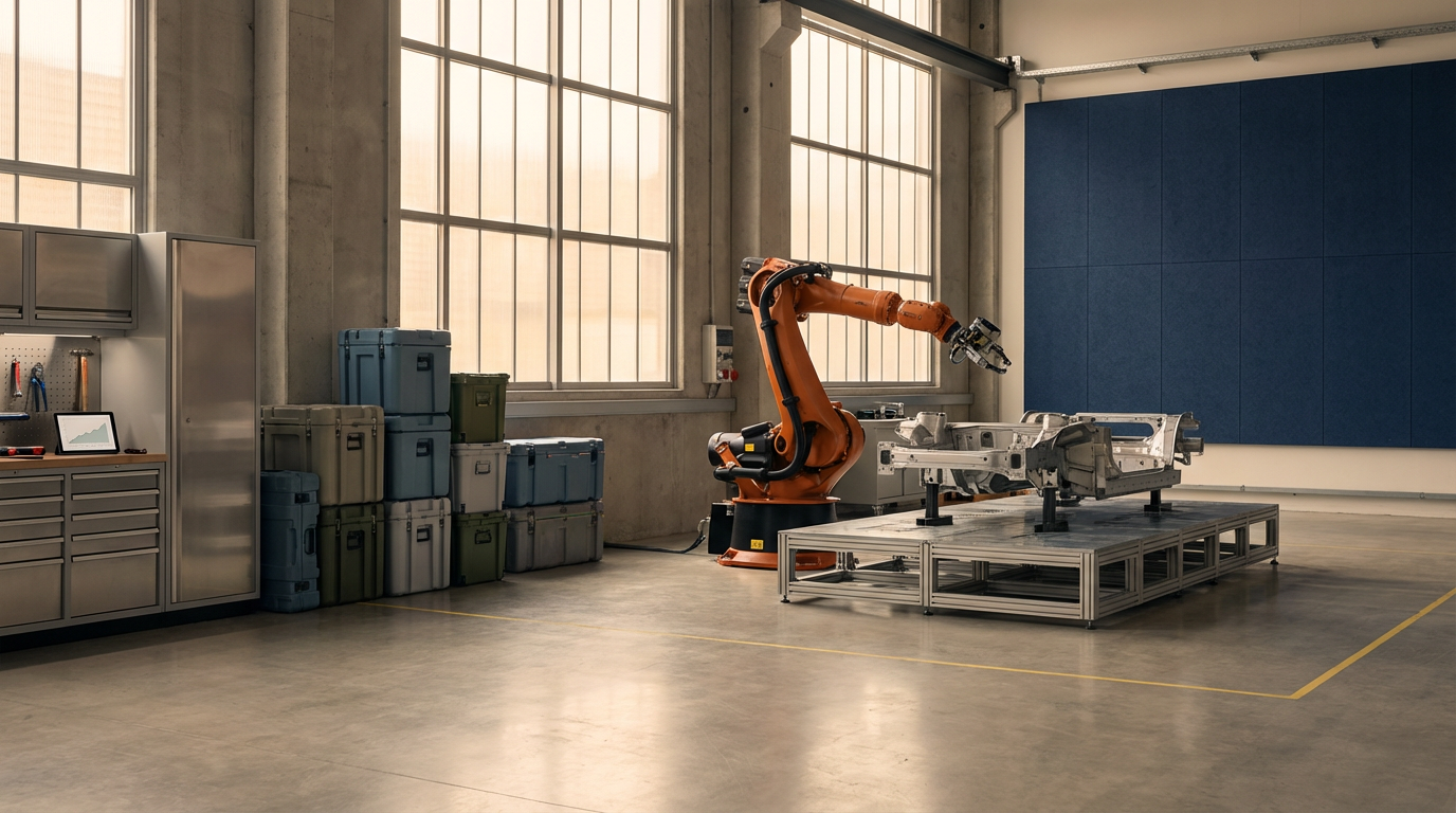 Robotic arm working on car chassis in an industrial workshop with large windows and storage cabinets.