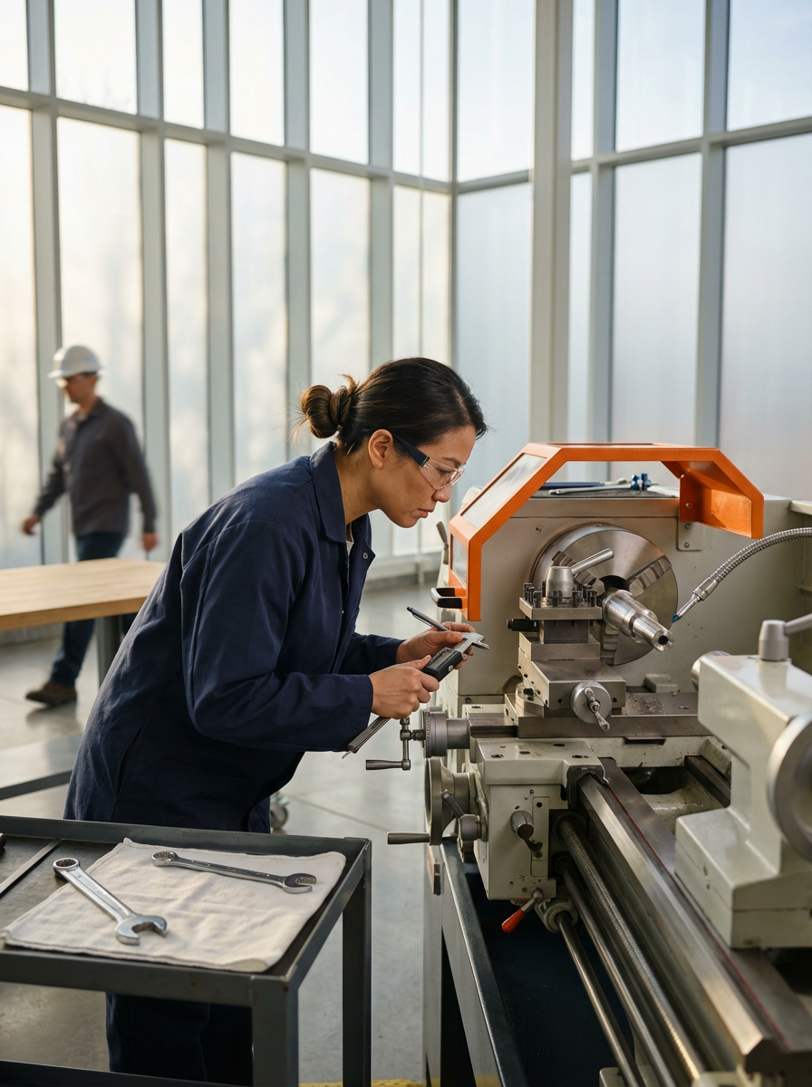 A woman in safety glasses and navy blue work coat operating a lathe machine in a workshop, with a wrench and cloth on a nearby table, and a man walking in the background.