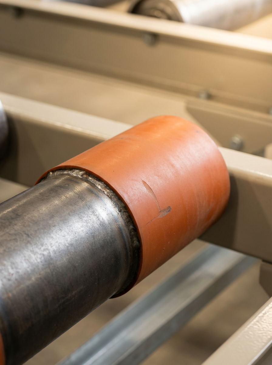 Close-up of a metal roller with an orange rubber sleeve in an industrial setting.