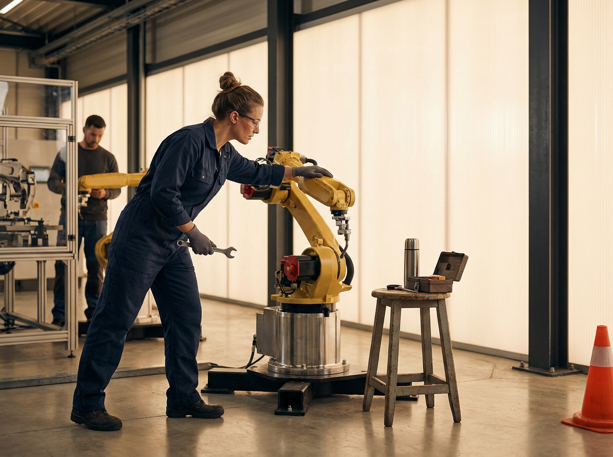 A woman in work overalls and glasses operating a yellow industrial robotic arm in a workshop. She is holding a wrench and appears to be adjusting the machine. A man is in the background working with another robotic arm. The workshop has large windows and equipment setup.