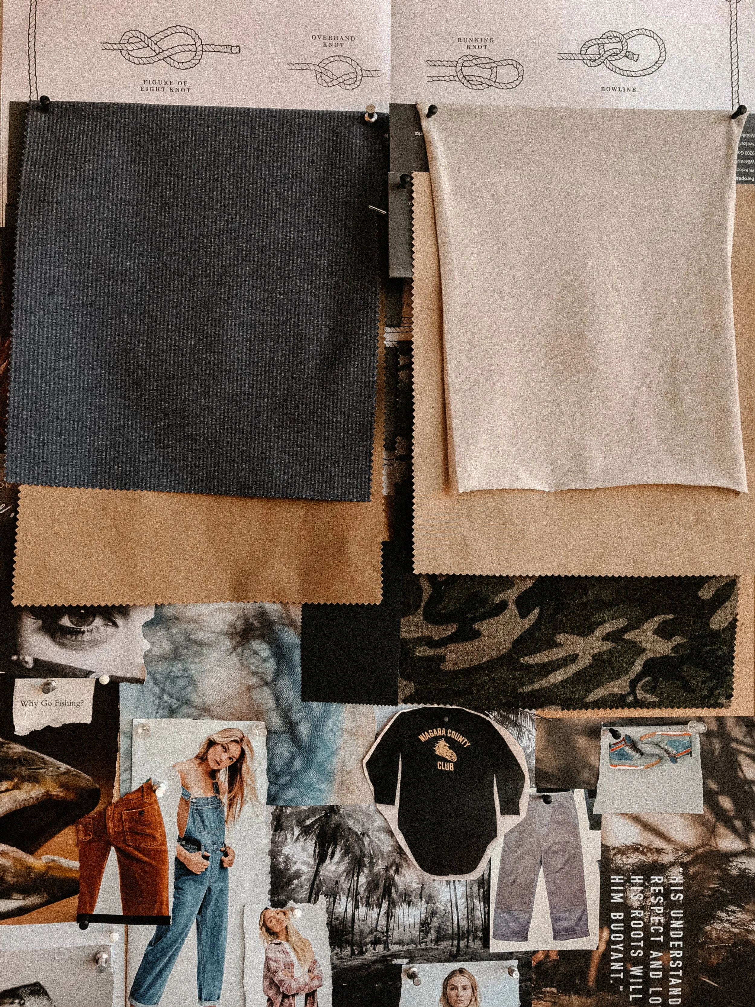 Mood board with fabric swatches, rope-knot diagrams, fashion photography, fishing imagery, and clothing inspiration pinned to a wall.