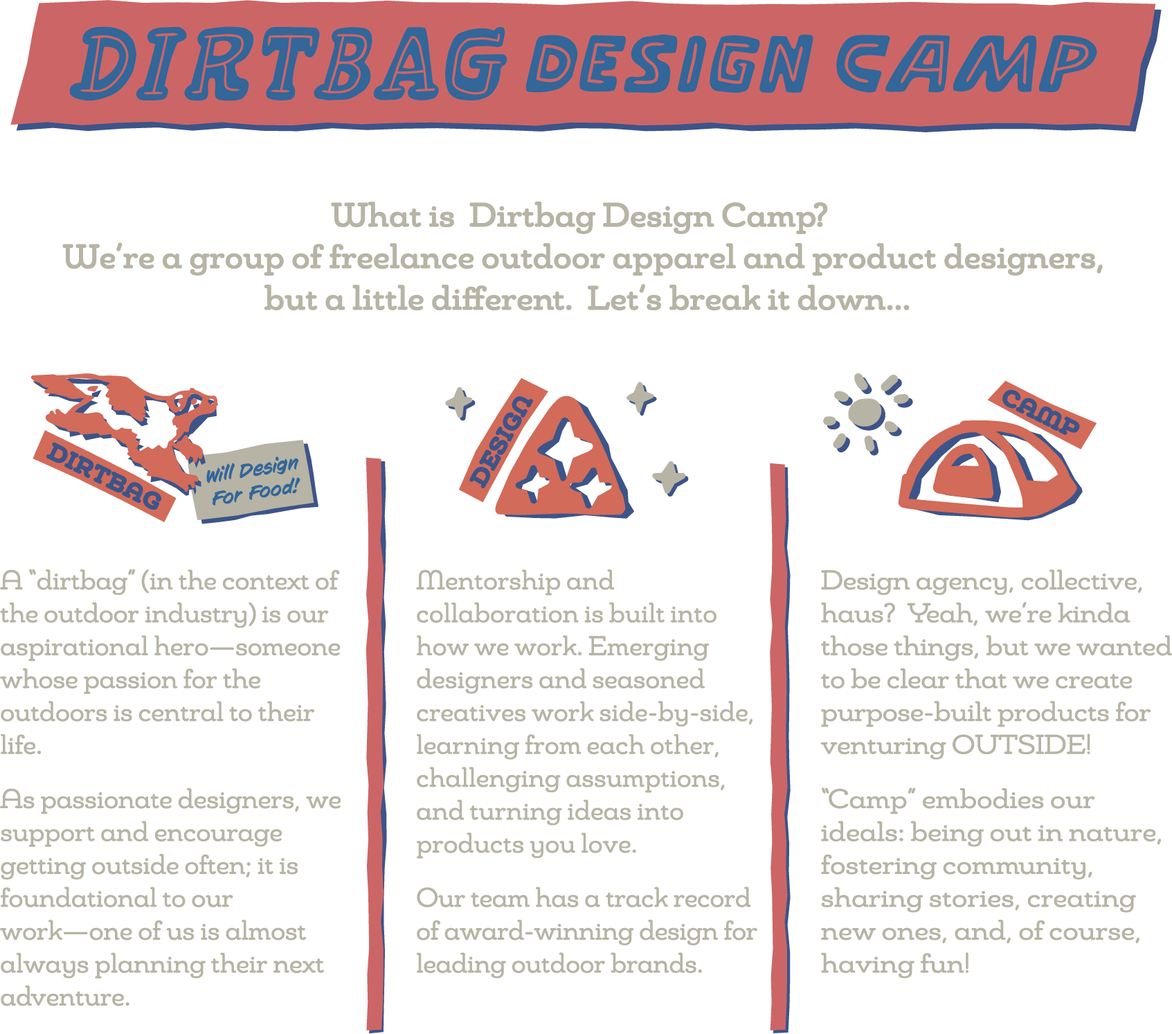 Dirtbag Design Camp website graphic explaining its outdoor product design collective, mentorship, and nature-focused mission