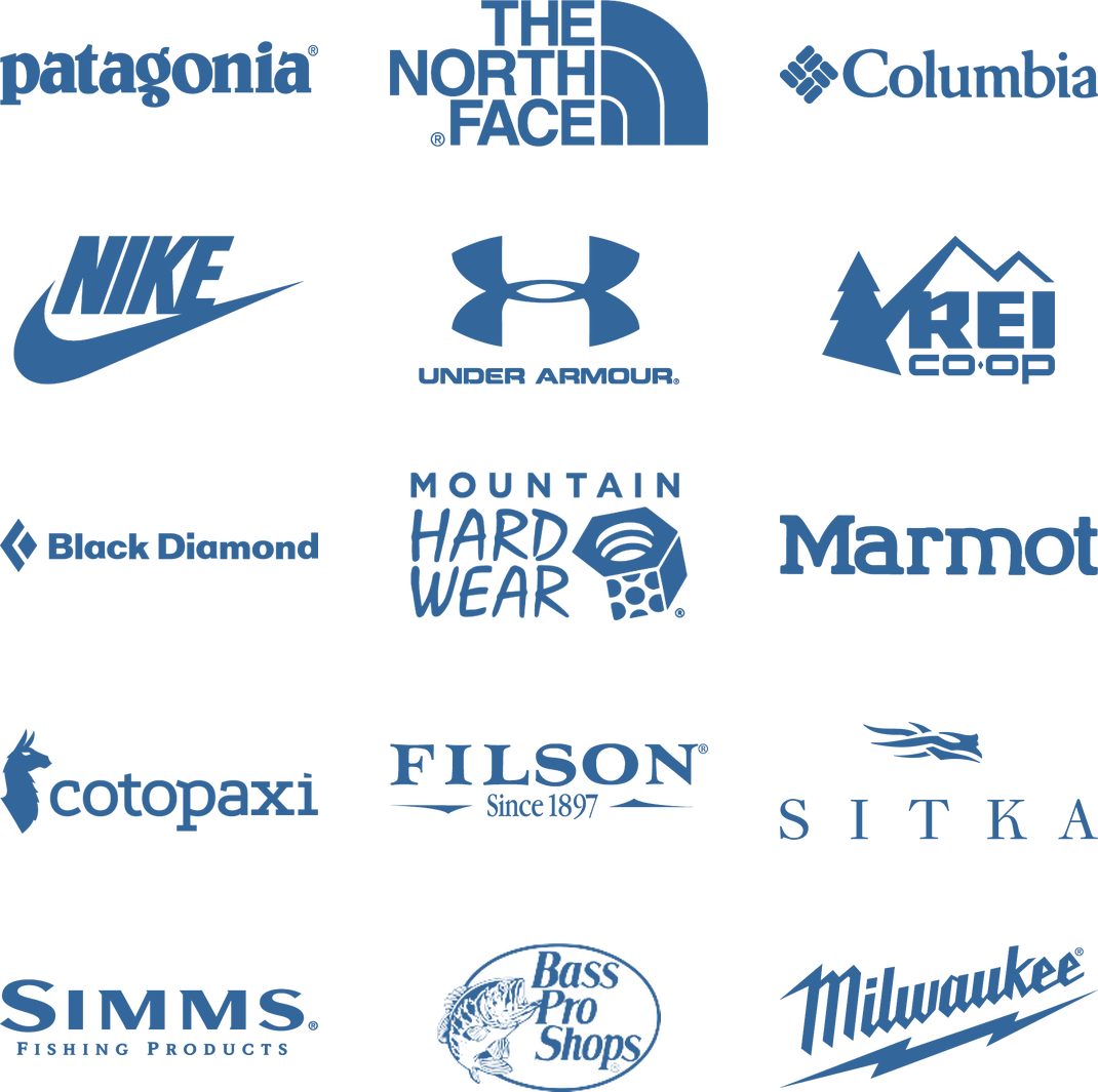 Collage of outdoor and sporting goods brand logos, including Patagonia, The North Face, Columbia, Nike, Under Armour, REI Co-op, Black Diamond, Mountain Hardwear, Mammut, Cotopaxi, Filson, Sitka, Simms, Bass Pro Shops, and Milwaukee.