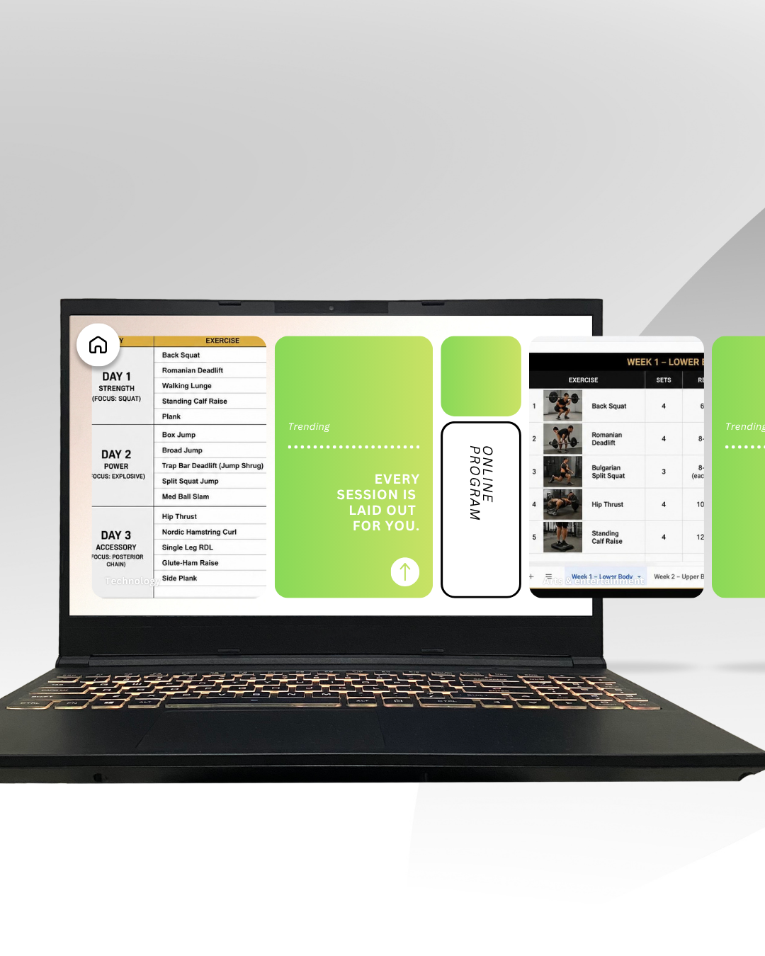 Open laptop displaying digital workout plan and exercise list, with overlay of a tablet showing a workout program. The background is plain, and the screen content includes workout exercises and motivational messages in green and black text.