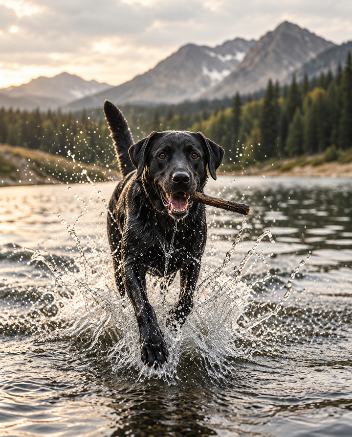 DOG RUNNING THROUGH WATER