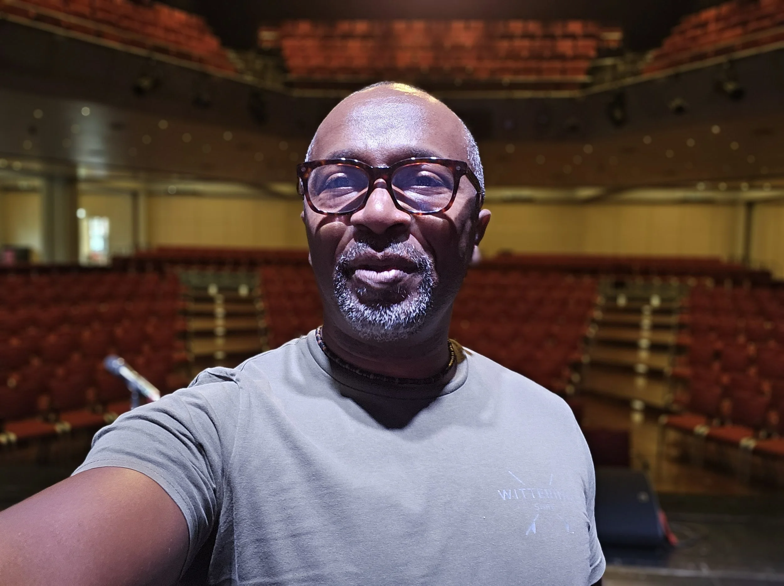 A man with a shaved head, beard, and glasses taking a selfie inside an empty theater with red upholstered seats and a wooden ceiling.