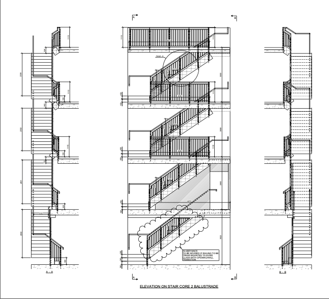 Technical elevation drawings showing a multi-storey steel staircase, landings and balustrades.