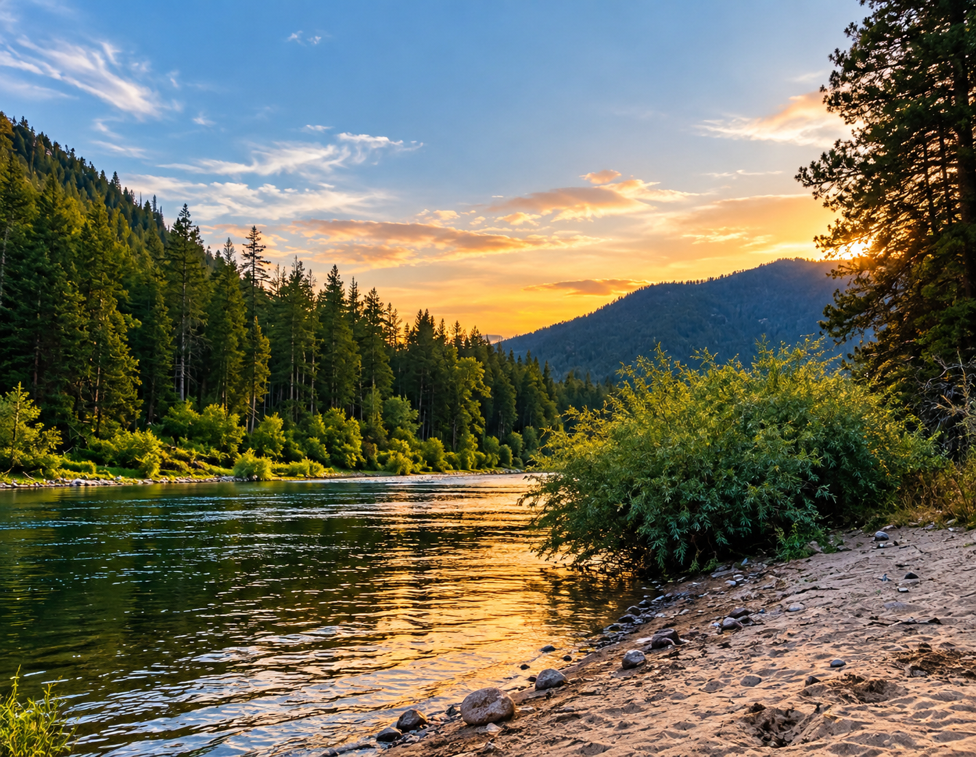 Sunset over a river with a forested shoreline and mountains in the background.