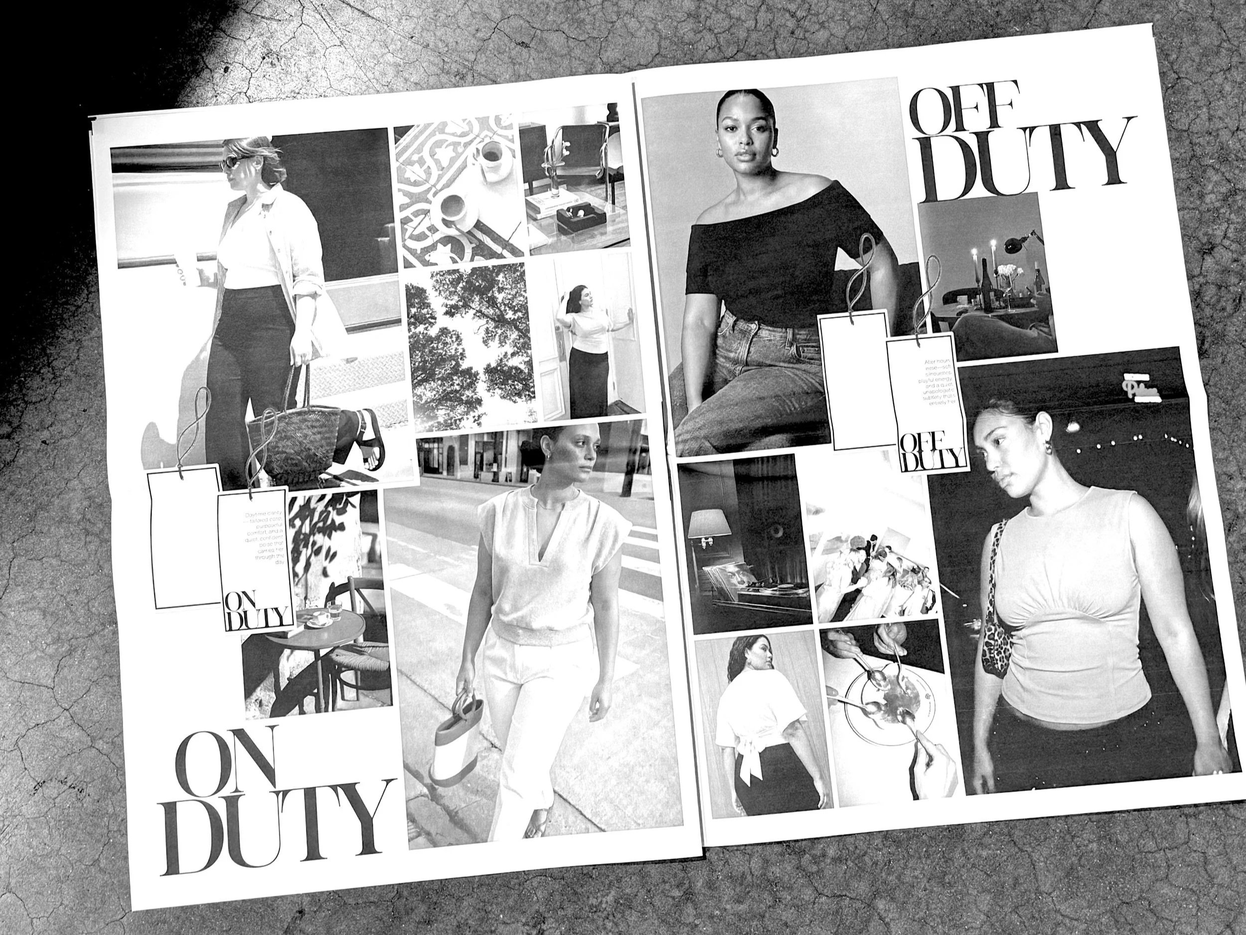A black and white collage of photographs featuring women, tables, and chairs, with the words 'OFF DUTY' prominently displayed.