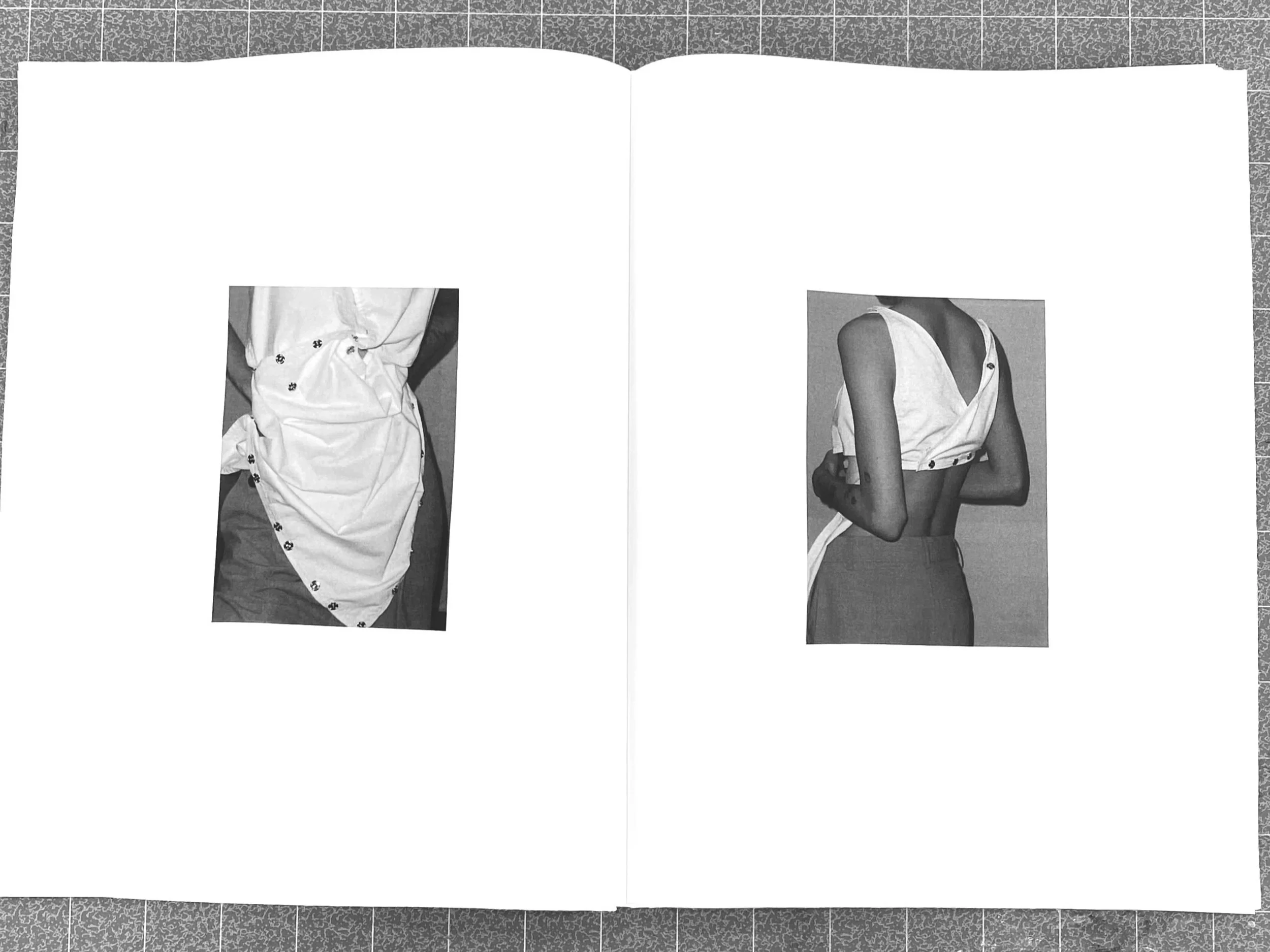 Black and white fashion photos of women wearing sleeveless tops, displayed on a double-page spread.