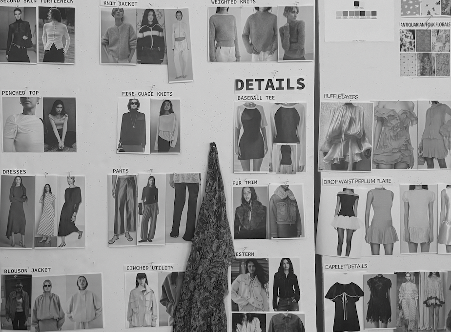 A fashion design board displaying various clothing styles, including sweaters, knit jackets, dresses, pants, skirts, and accessories, with labeled sections and black-and-white photos of models wearing the garments.