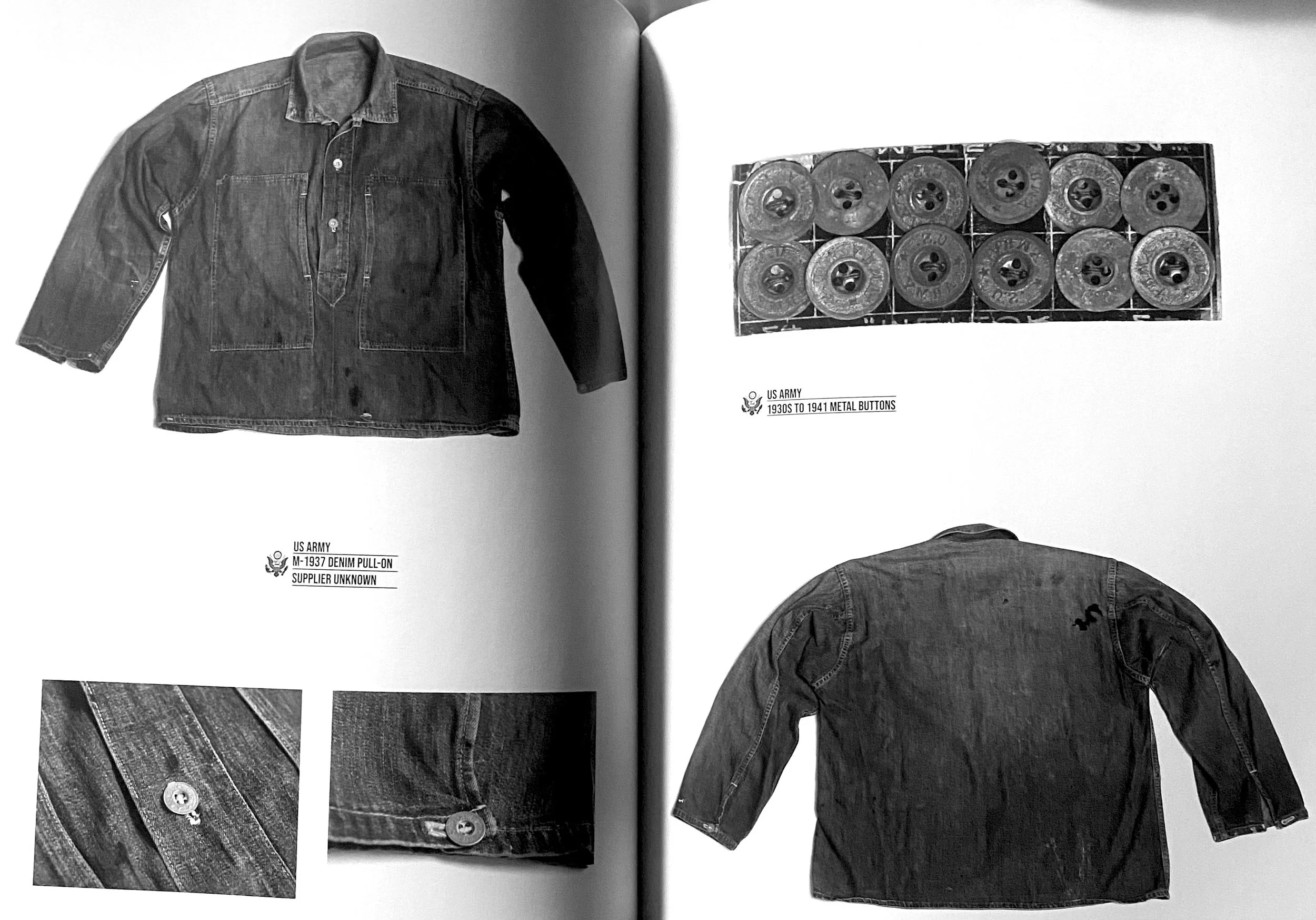 A black and white image of two pages from a book showing military denim clothing items. The left page features a 1930s to 1941 US Army denim pull-on shirt with supplier unknown, and the right page shows a collection of 1930s to 1941 metal buttons arr