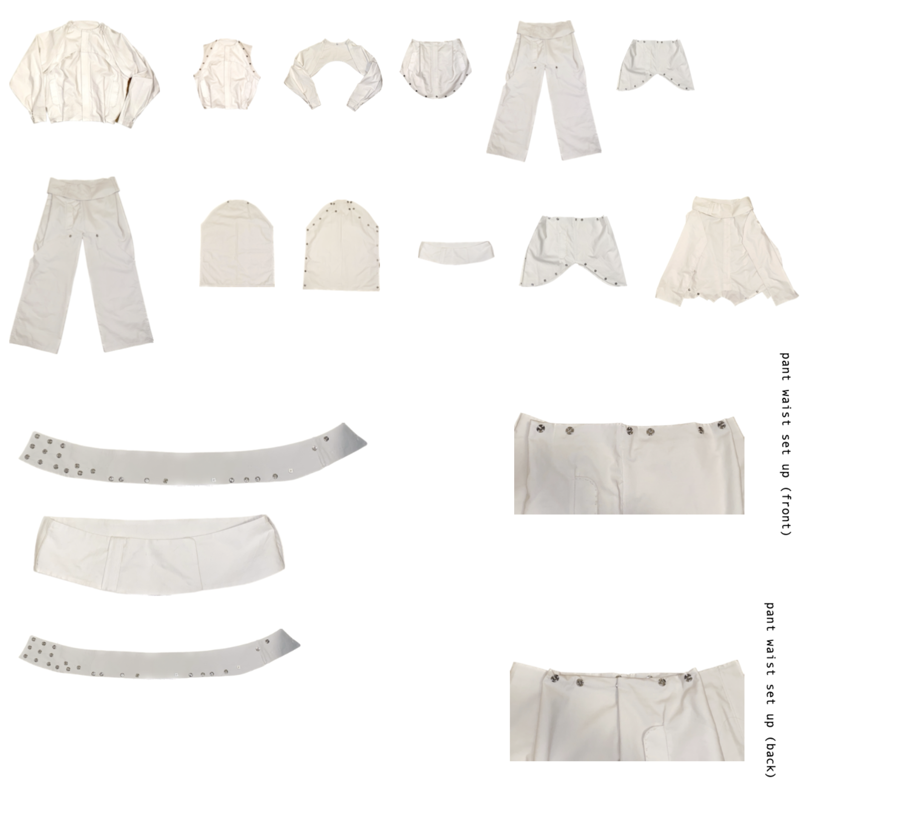 A collection of white clothing items including pants, shirts, suits, and a belt, arranged on a flat surface for display.