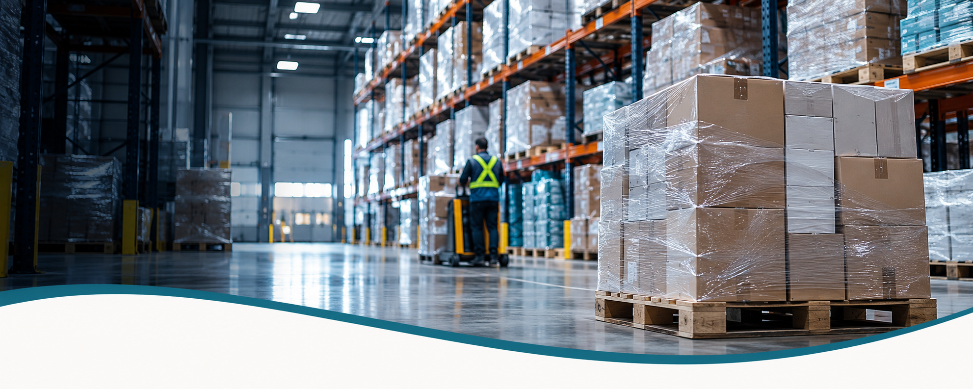 Wrapped pallets of unused supplies in a healthcare distribution warehouse