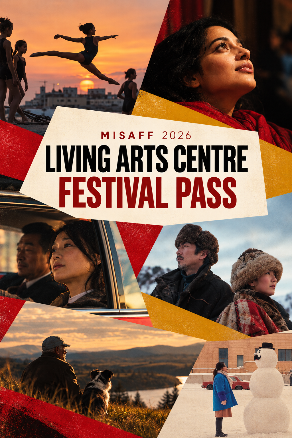 MISAFF 2026 Living Arts Centre Festival Pass collage featuring scenes from films screening at the Mosaic International South Asian Film Festival in Mississauga.