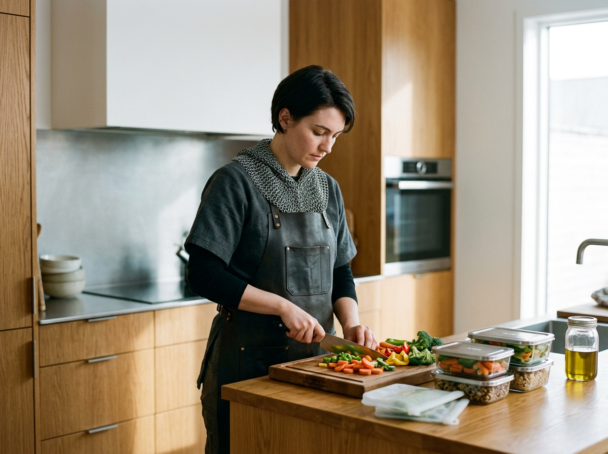 A woman chopping vegetables on a wooden kitchen island with containers of prepared food and a jar of olive oil nearby, in a modern kitchen with natural light.