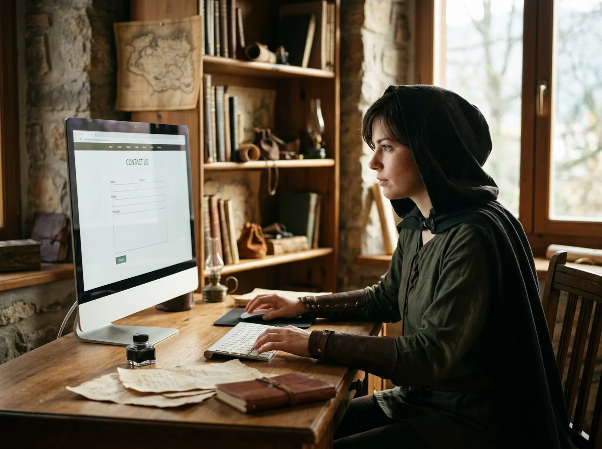 A woman dressed as a medieval or fantasy character, with a dark hooded cloak and leather bracers, working on a desktop computer at a wooden desk in a cozy, rustic room with bookshelves and a window.