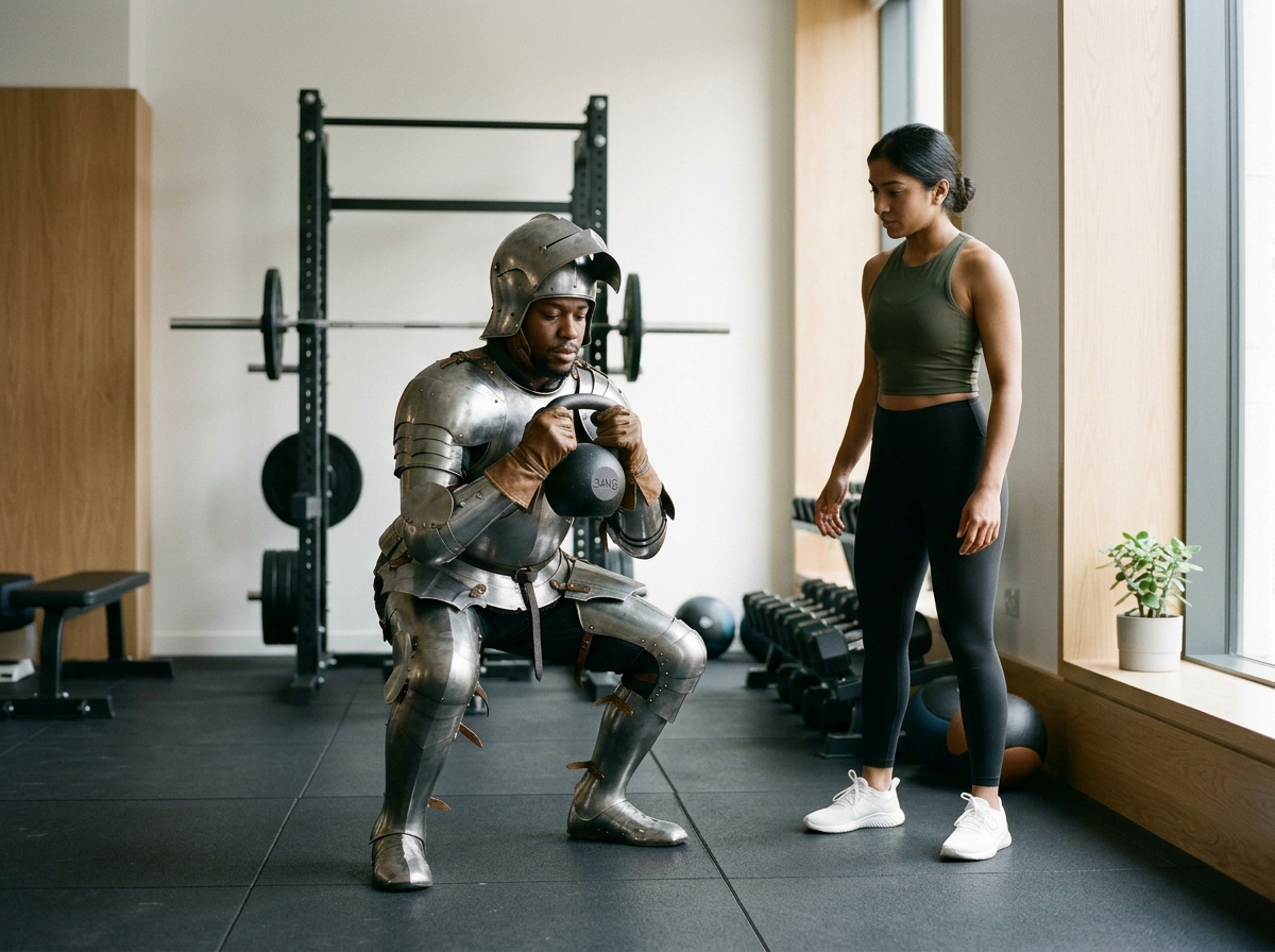 A person dressed as a medieval knight in armor is lifting a kettlebell with assistance from a female trainer in a gym.