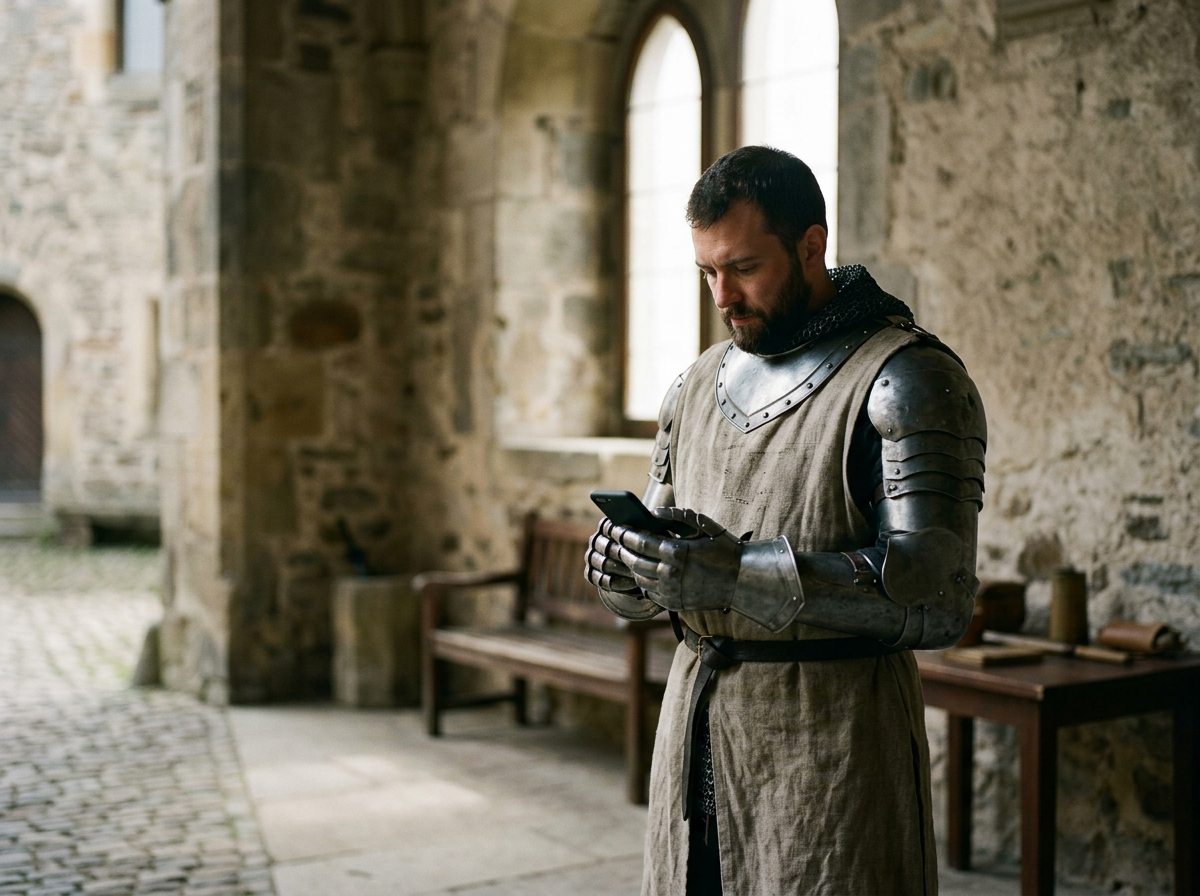 A man dressed as a medieval knight with armor on his shoulders and arms, wearing a long tunic, is looking at his smartphone inside a stone castle or fortress with large arched windows.