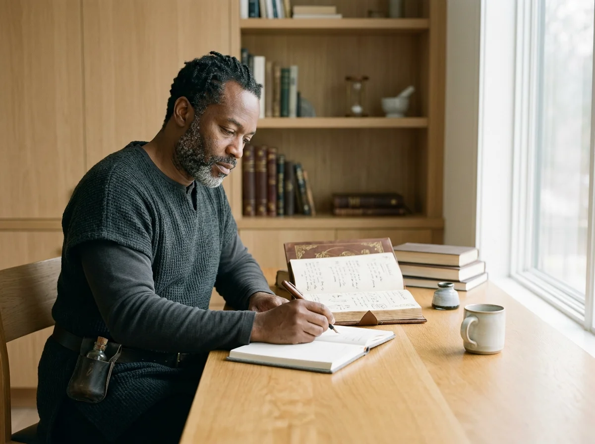 A man with dark hair and a beard, wearing a black shirt, sitting at a wooden table writing in a notebook with a fountain pen. There are books, a mug, and a small ink bottle on the table. A bookshelf with books and decorative items is in the background near a window letting in natural light.