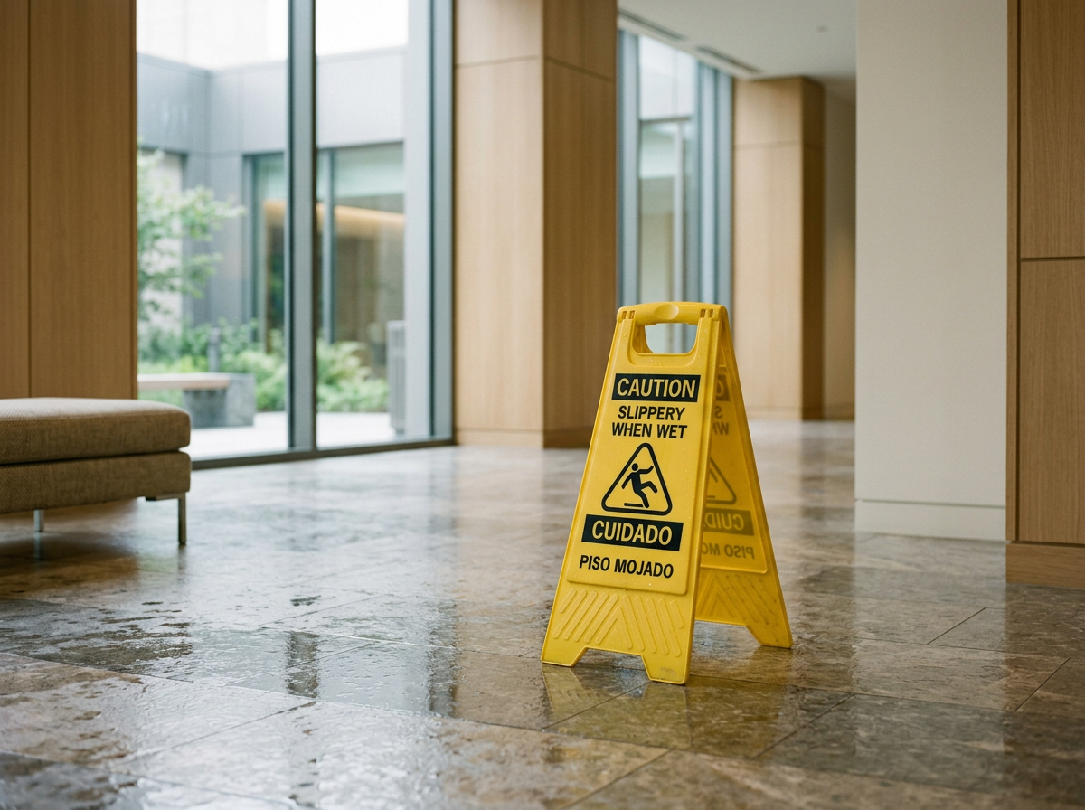 Yellow caution sign warning of slippery when wet in a modern indoor lobby area with large glass doors and a bench nearby.