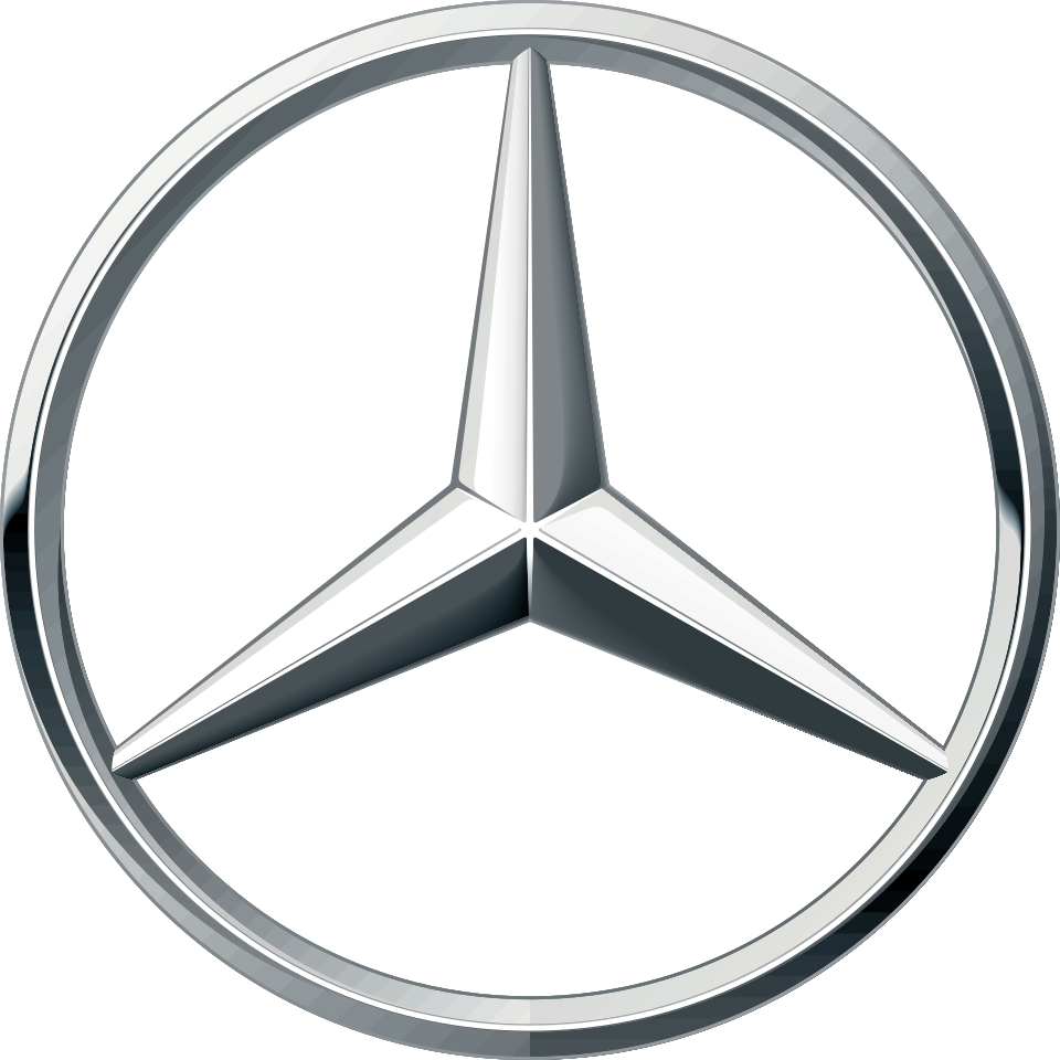 Close-up of a Mercedes-Benz logo with a three-pointed star enclosed in a circle.