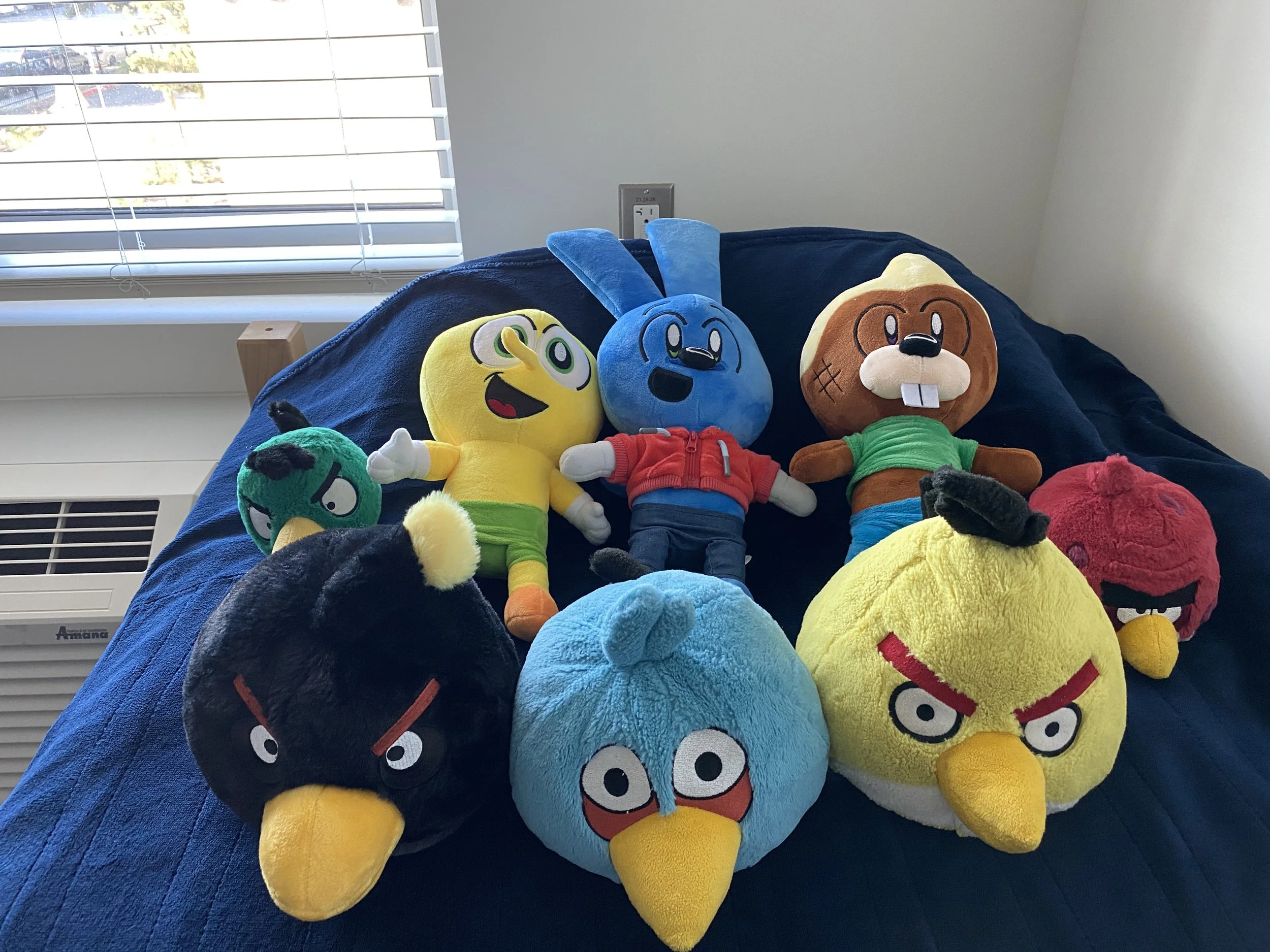 Several plush toys resembling characters from the Angry Birds game are lined up on a dark blue blanket. The toys include a yellow bird, a blue rabbit, a black bird, a red bird, and a green pig, indoors near a window.