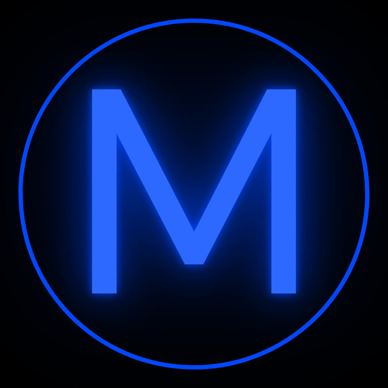 Blue illuminated letter M inside a circle on a black background.