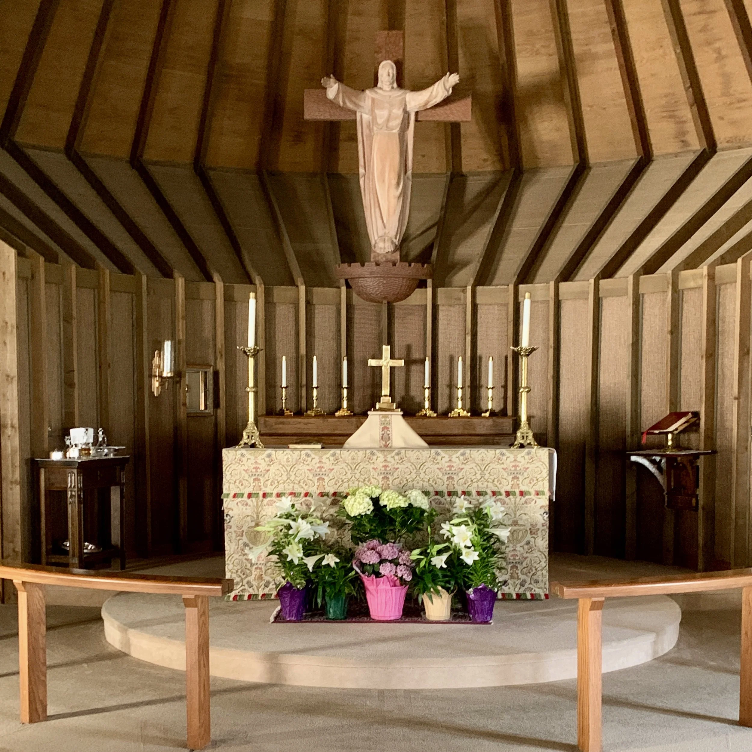 Altar and crucifix in the sanctuary at St. Anskar’s Episcopal Church in Hartland, Wisconsin.