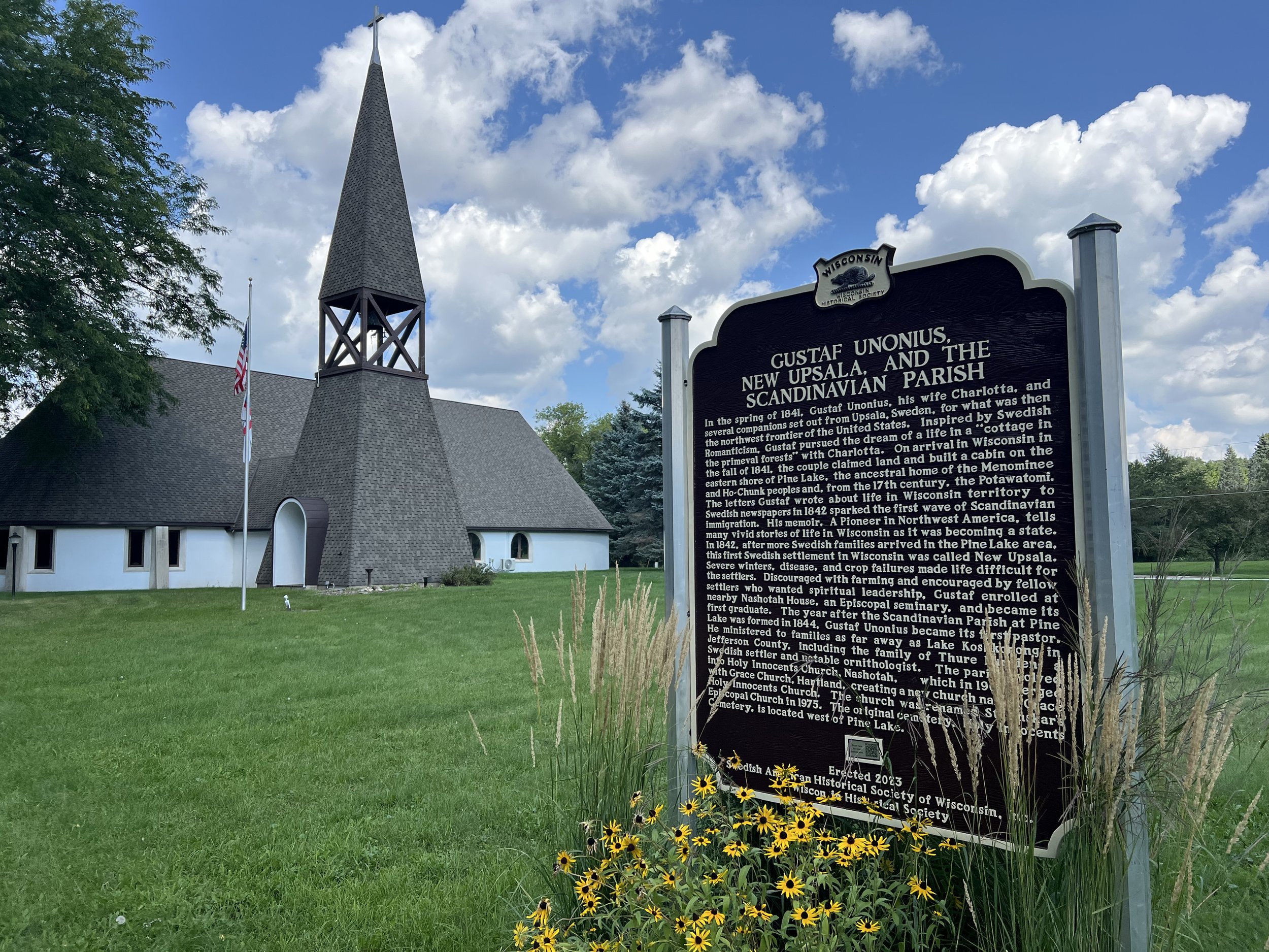 Wisconsin state historical marker commemorating Gustav Unonius and New Upsala, reflecting the Scandinavian heritage of St. Anskar’s Episcopal Church.
