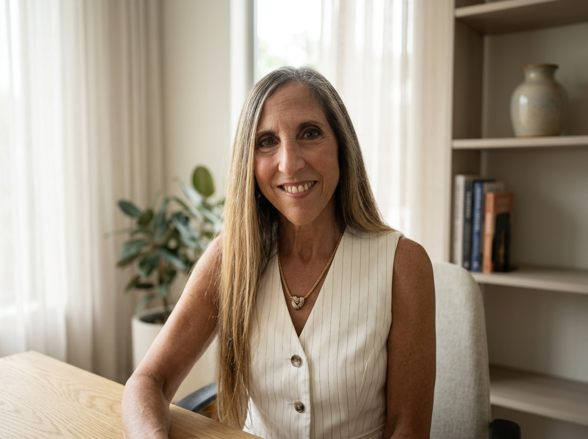 A woman with long gray hair smiling at the camera, sitting in a bright room with a bookshelf and a plant in the background.