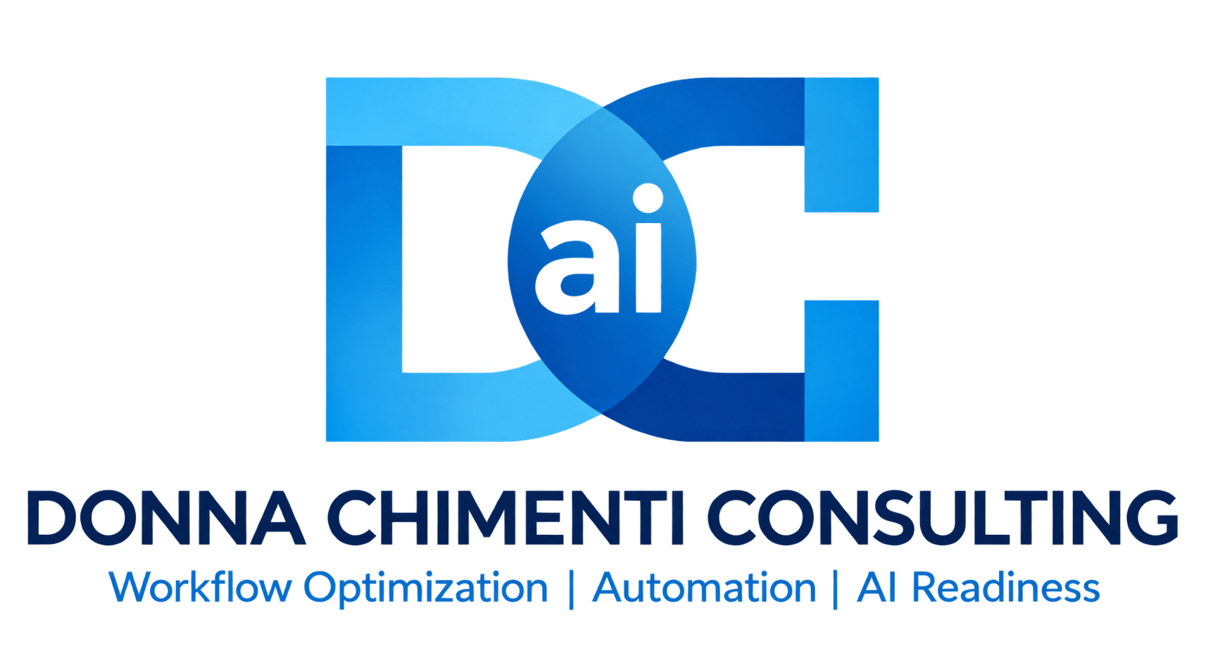 Logo for Donna Chimento Consulting with a blue AI-themed graphic and the company's name and keywords Workflow Optimization, Automation, AI Readiness.