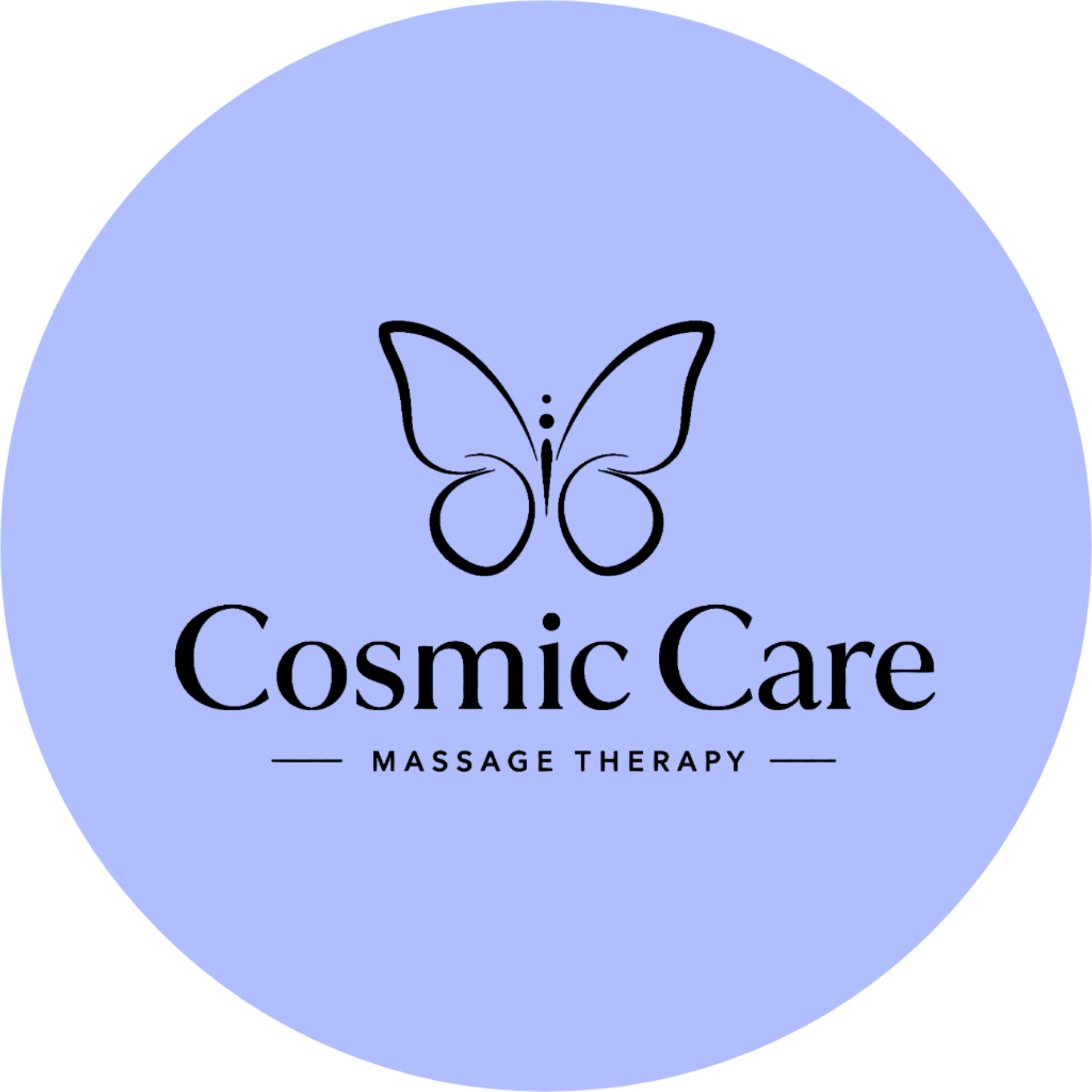 Blue circular logo for Cosmic Care Massage Therapy, featuring a black butterfly illustration and black text.