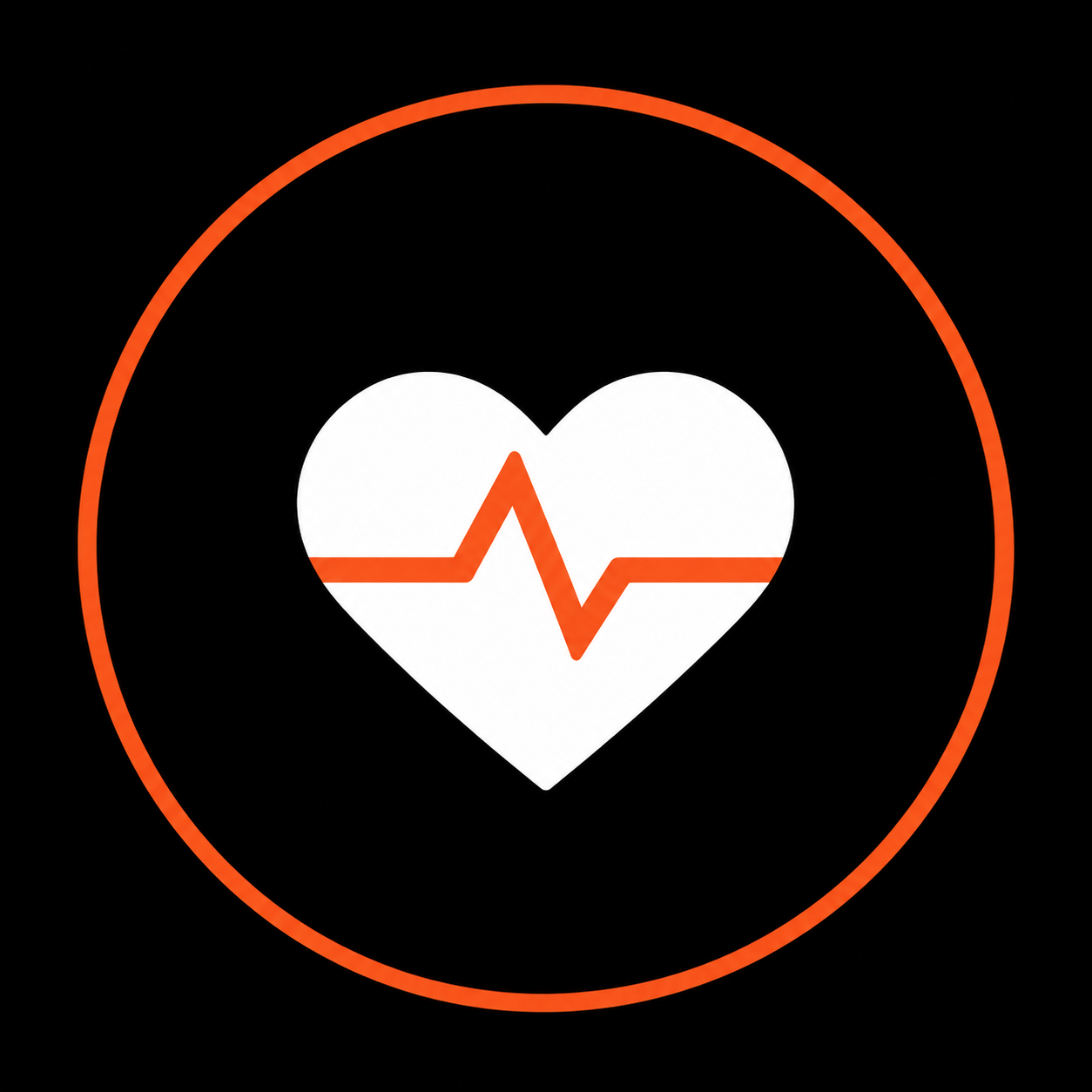 Heart icon with an orange electrocardiogram line inside a black circle.