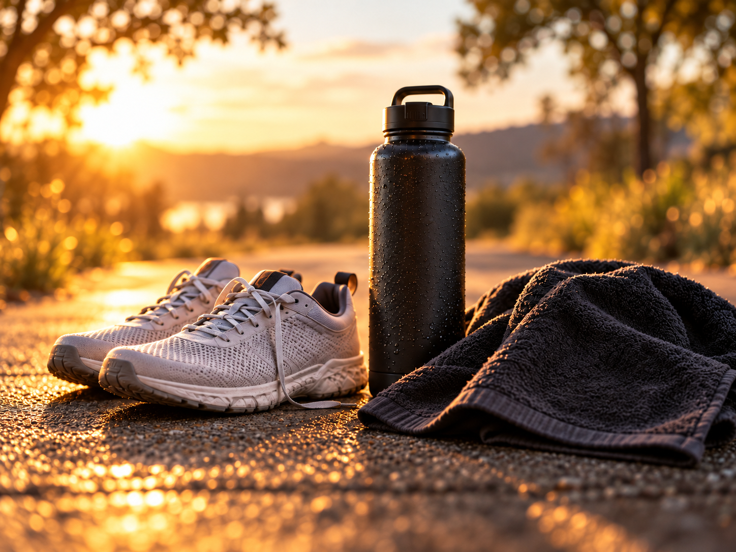 A pair of white athletic shoes, a black water bottle with moisture droplets, a black towel, and a sunset in the background, suggesting outdoor exercise or running gear.